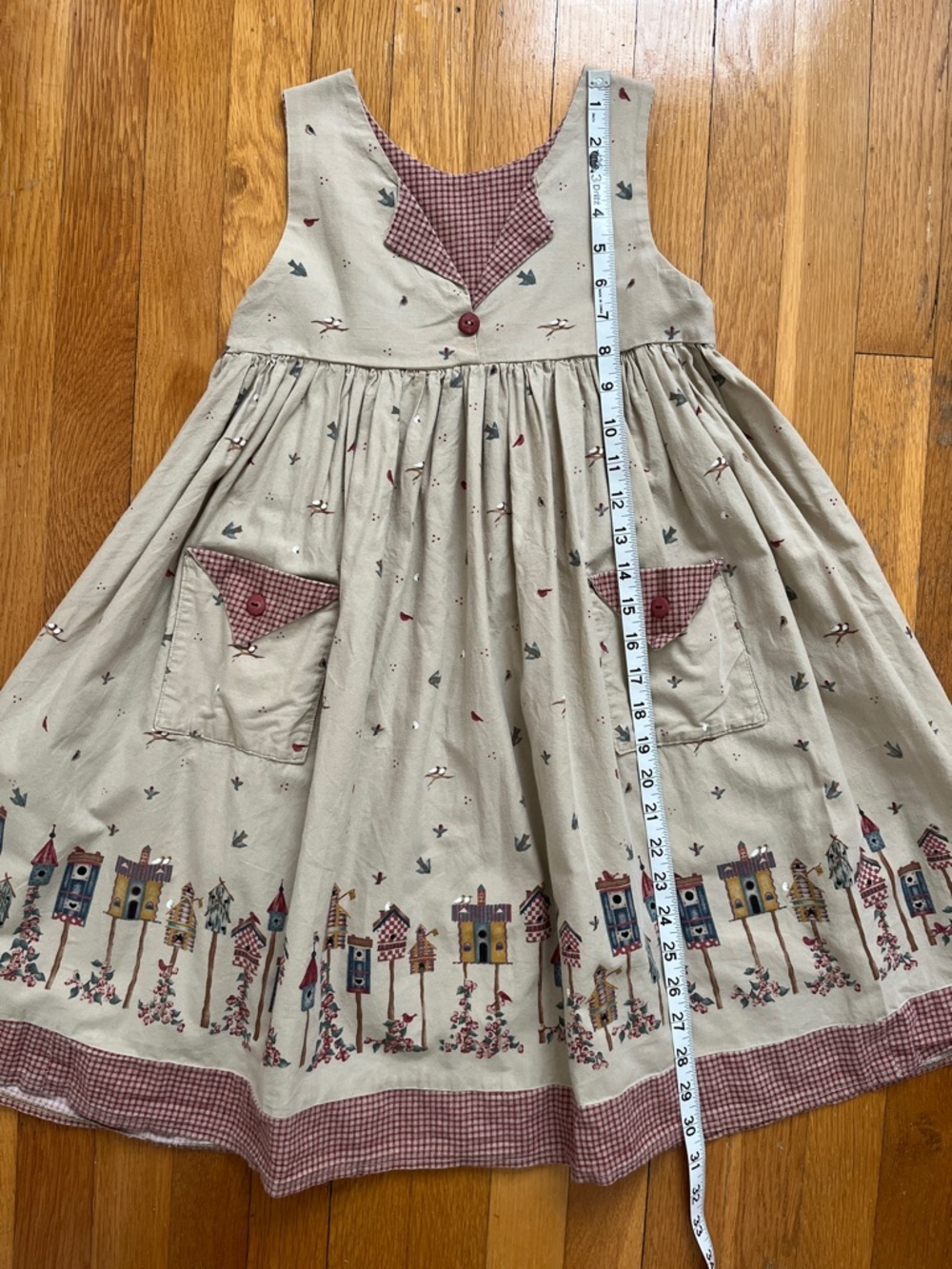 Girls Handmade Cotton Vintage 90s Bird & Birdhouse Country Jumper Dress - Picture 13 of 14